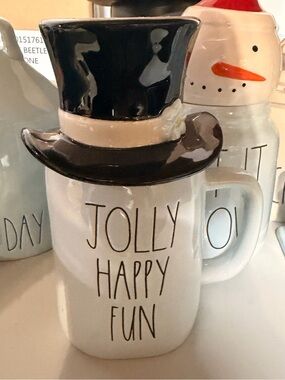 Rae Dunn White Ceramic 'Jolly Happy Fun' Snowman Mug with Black Hat